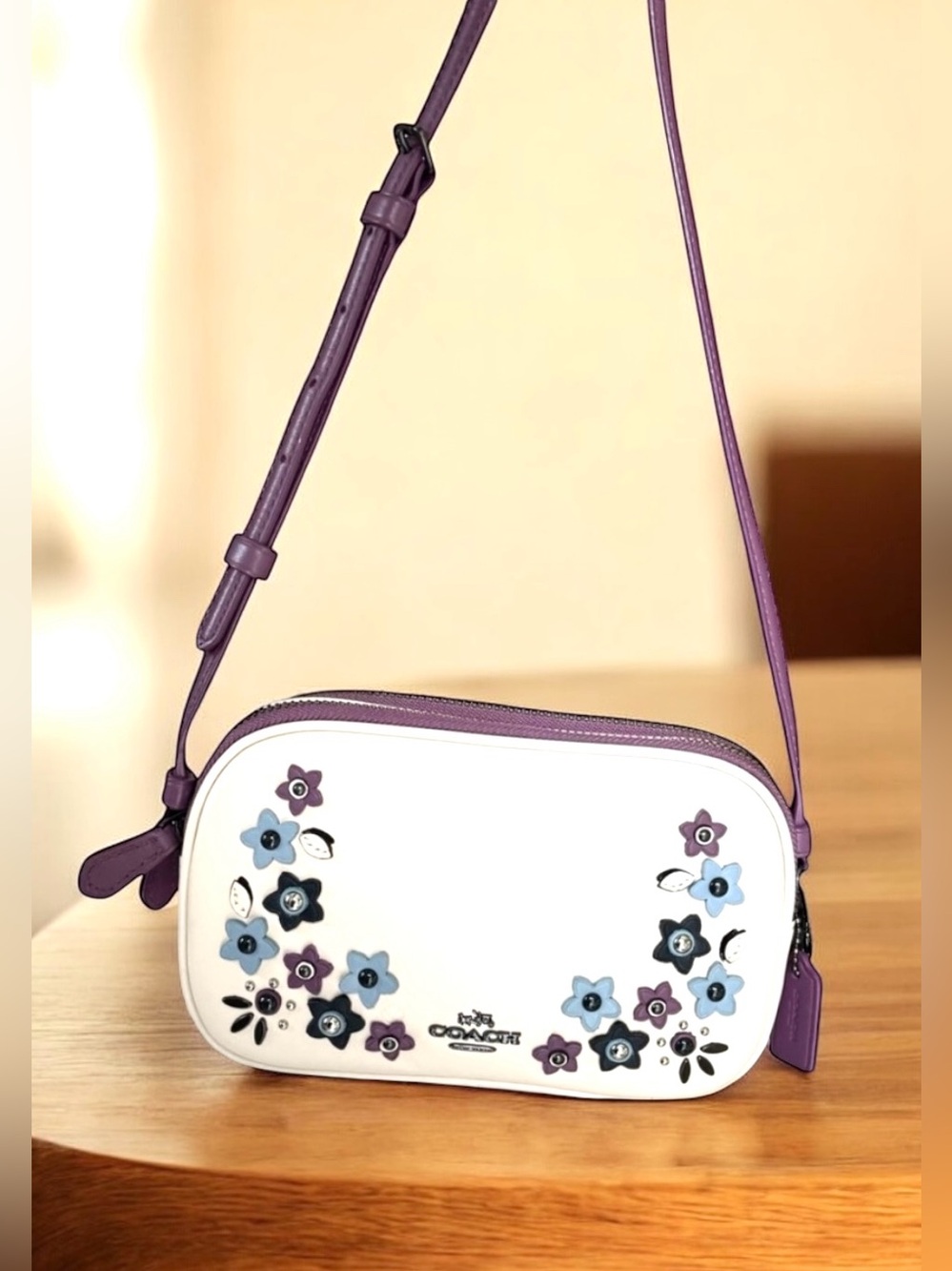 Coach Floral Appliquรฉ Crossbody Bag Off White Purple Leather